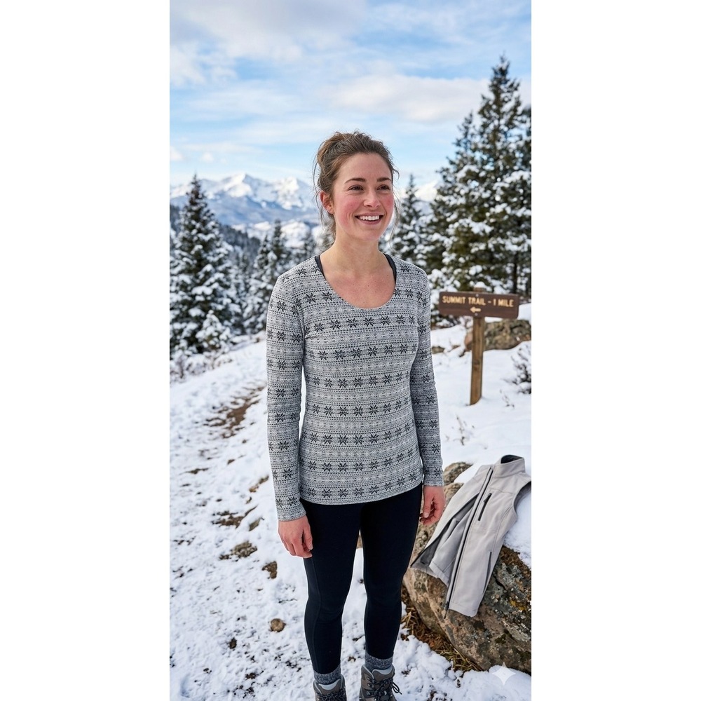 32 Degrees Heat Women's S Gray Scoop Neck Snowflake Thermal Base Layer top Warm
